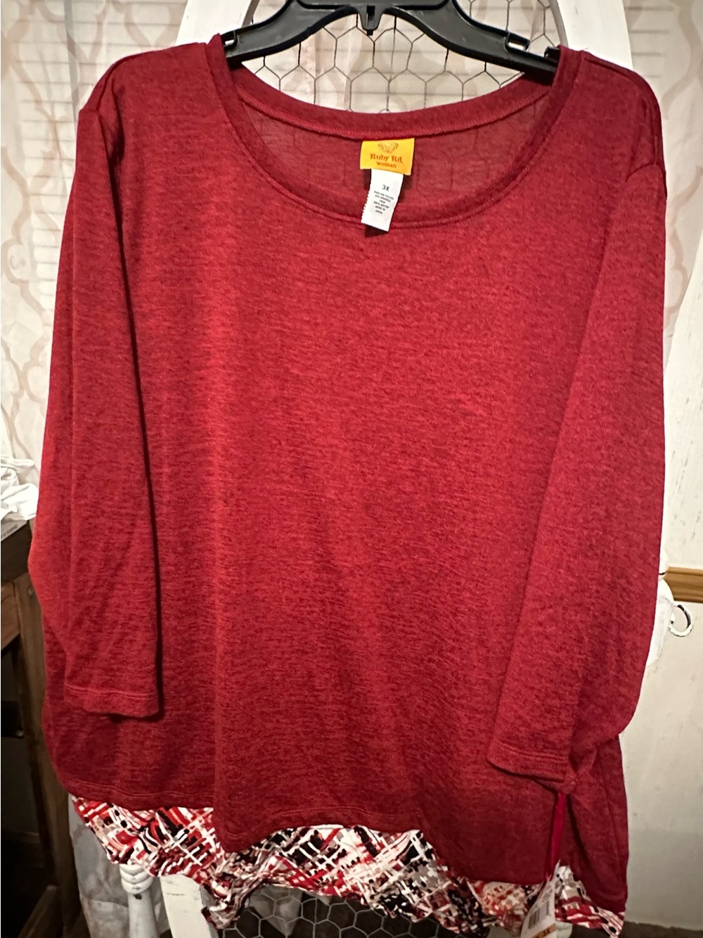 Ruby Rd. Red Heather Knit Tunic with Patterned Layered Hem